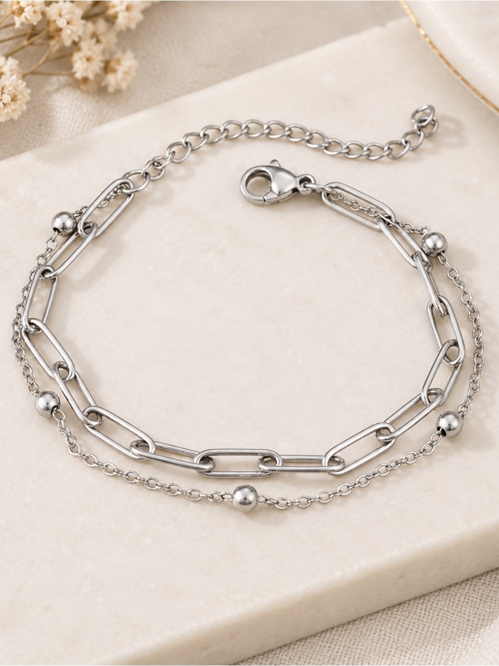 Silver Stainless Steel Layered Bracelet Paperclip Chain Link Bracelet